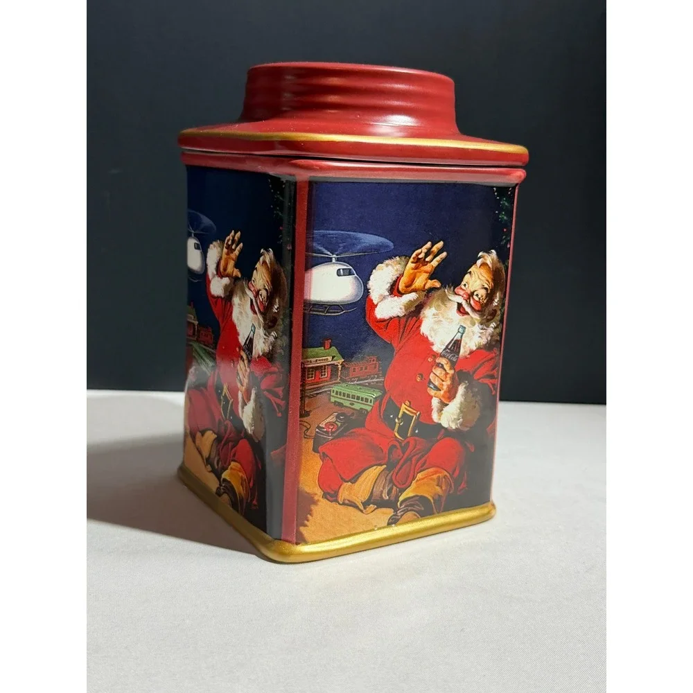 Coca-Cola Santa Claus Ceramic Holiday Canister Jar Red Gold Trim Vintage Style